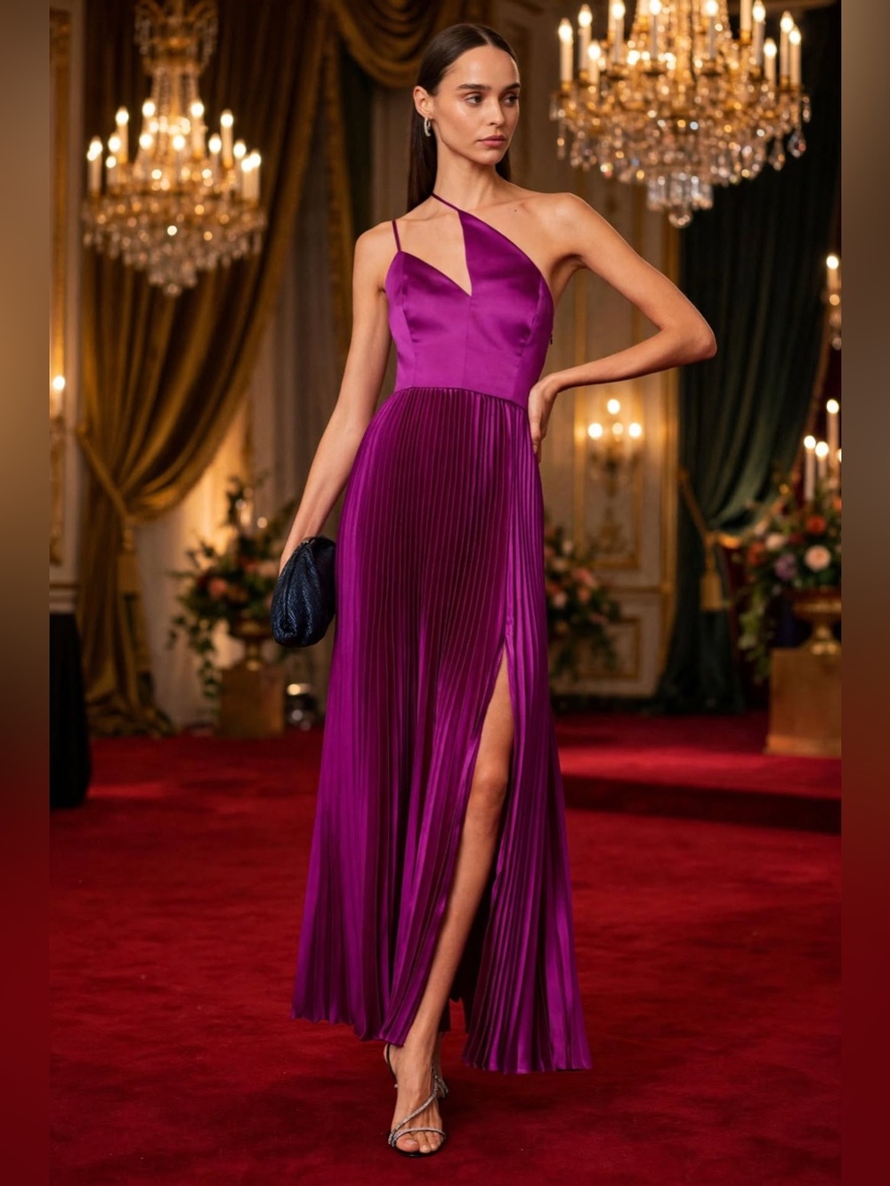 Amur One-Shoulder Pleated Evening Dress in Magenta size 4.